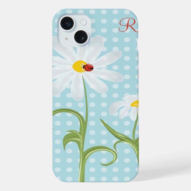 Monogram Daisies and Lady Bug Polka Dot Blue Iphone Case (Back)