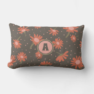 Monogram Daisies Coral Pink Brown Floral Pattern Lumbar Pillow