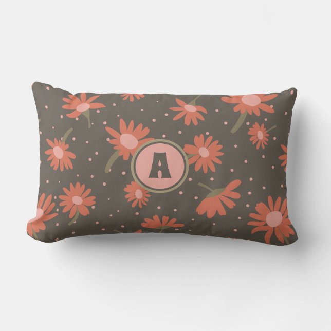 Monogram Daisies Coral Pink Brown Floral Pattern Lumbar Pillow (Front)
