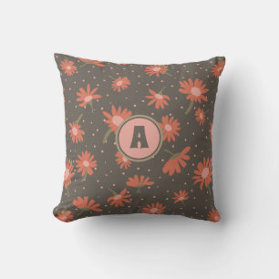 Monogram Daisies Coral Pink Brown Flower Pattern Throw Pillow