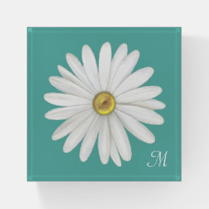 Monogram & Daisy Flower on Teal Turquoise Paperweight