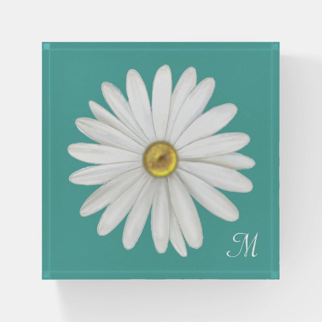 Monogram & Daisy Flower on Teal Turquoise Paperweight (Front)
