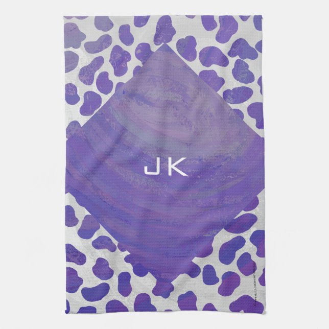 Monogram Dalmatian Purple and White Print Kitchen Towel (Vertical)