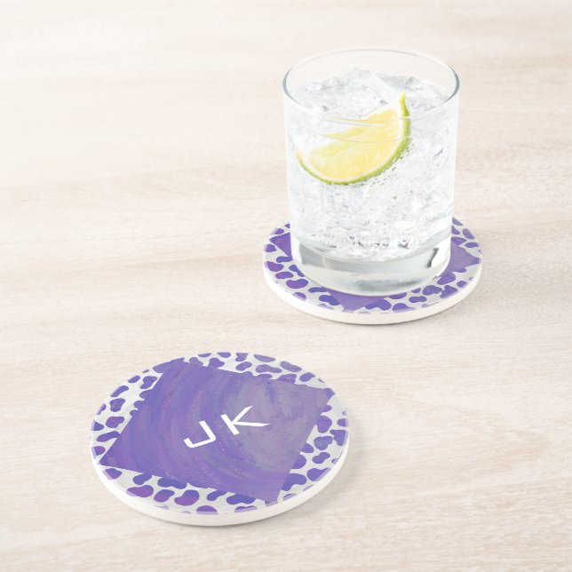 Monogram Dalmatian Purple and White Print Sandstone Coaster (Side)
