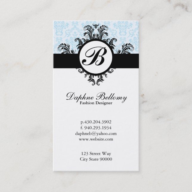 Monogram Damask (baby blue) Business Card (Front)