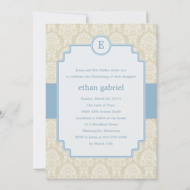 Monogram Damask Baptism/Christening Invite - Blue (Front)