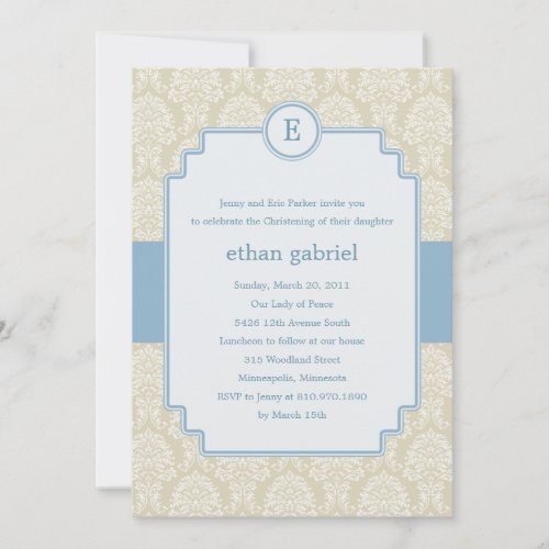 Monogram Damask Baptism/Christening Invite - Blue