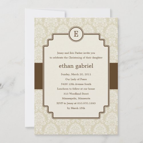 Monogram Damask Baptism/Christening Invite - Brown