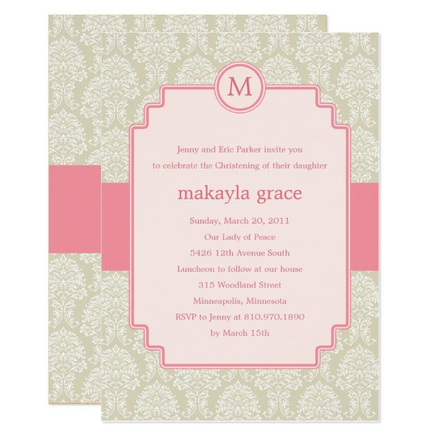 Monogram Damask Baptism/Christening Invite - Pink