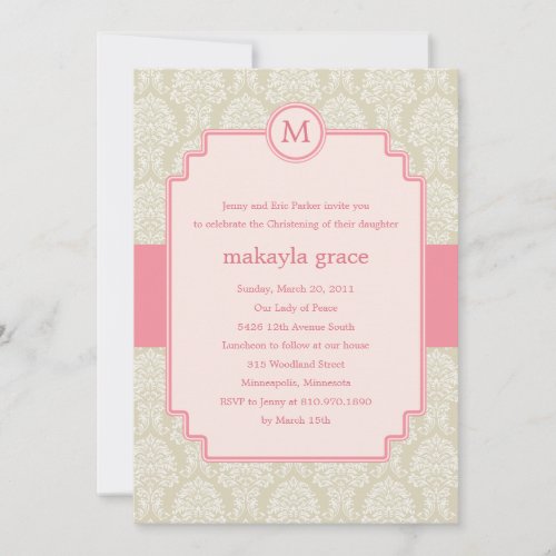 Monogram Damask Baptism/Christening Invite - Pink