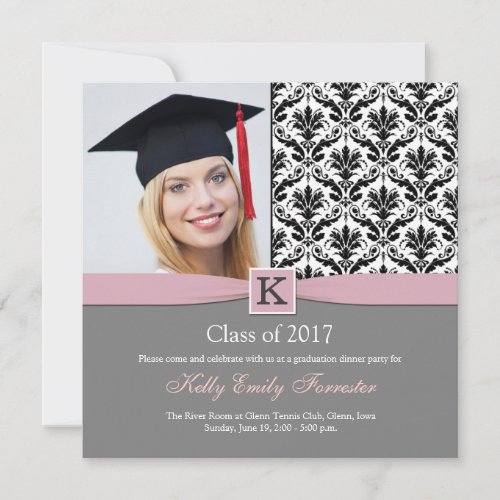 Monogram Damask black white Graduation Party Invitation