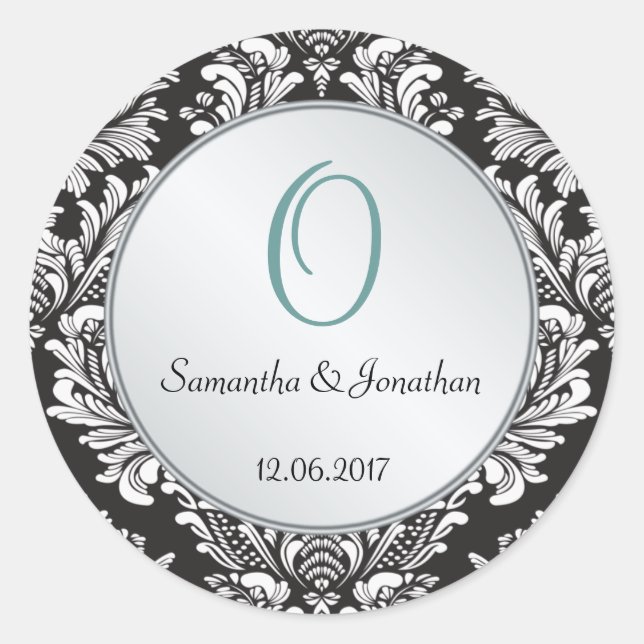 Monogram Damask black white Wedding Sticker (Front)