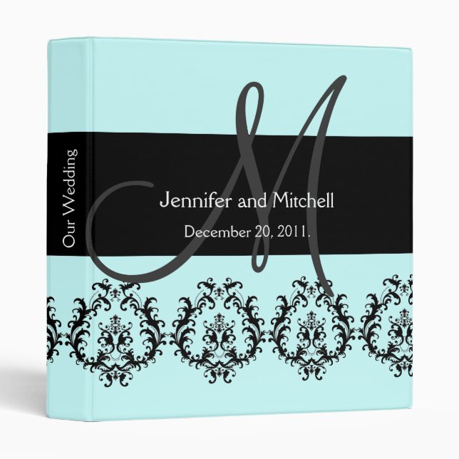Monogram Damask Blue Wedding Planner Binder (Front/Spine)