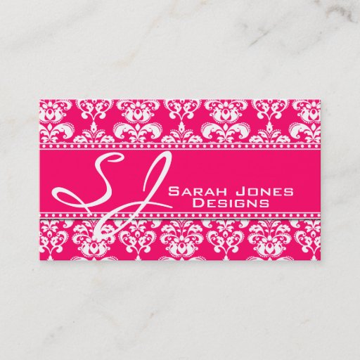 Customizable Monogram Damask Business Cards Pink and White