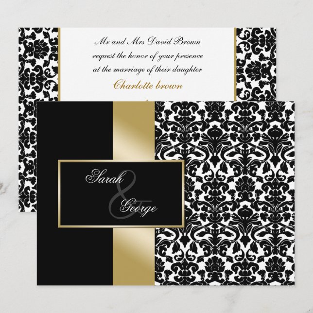 monogram damask gold wedding invitation (Front/Back)