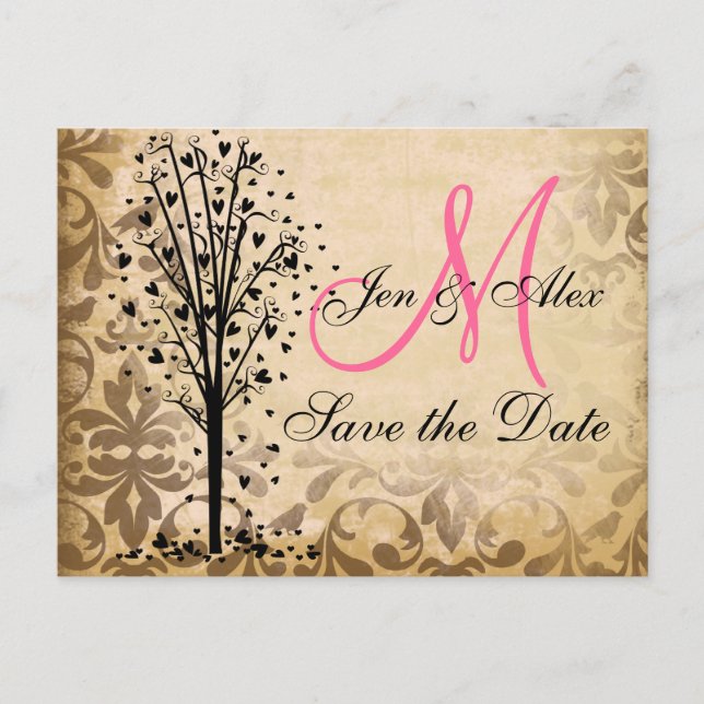Monogram Damask Heart Tree Save the Date Cards (Front)