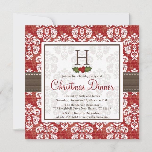 Monogram Damask Holly Berry Christmas Dinner Invit Invitation (Front)