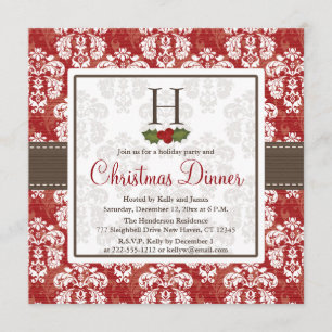 Monogram Damask Holly Berry Christmas Dinner Invit Invitation