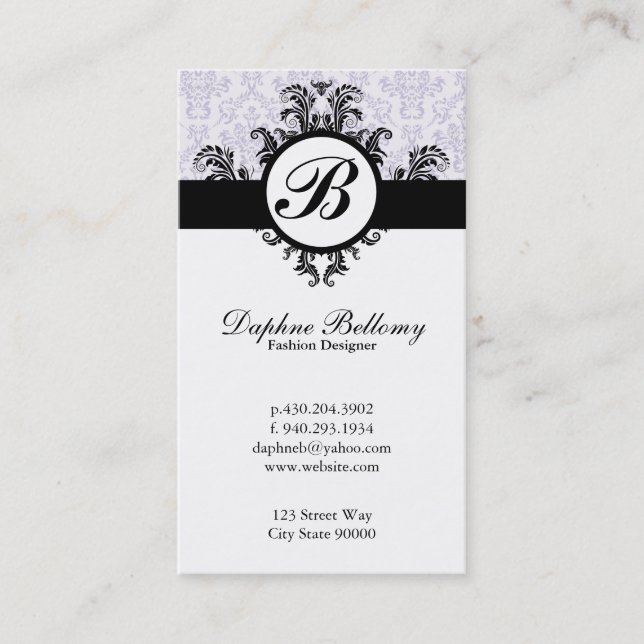 Monogram Damask (Lavender) Business Card (Front)