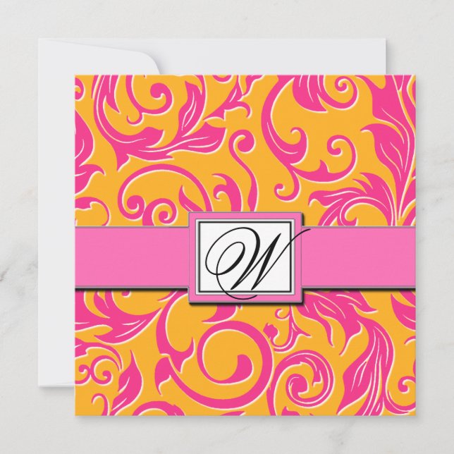 Monogram Damask Orange & Pink Wedding Invitations (Front)