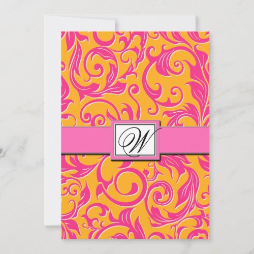 Monogram Damask Orange &amp; Pink Wedding Invitations