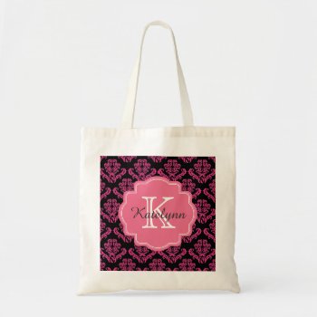 Monogram Damask Pattern With Pink Custom Tote Bag by theburlapfrog at Zazzle