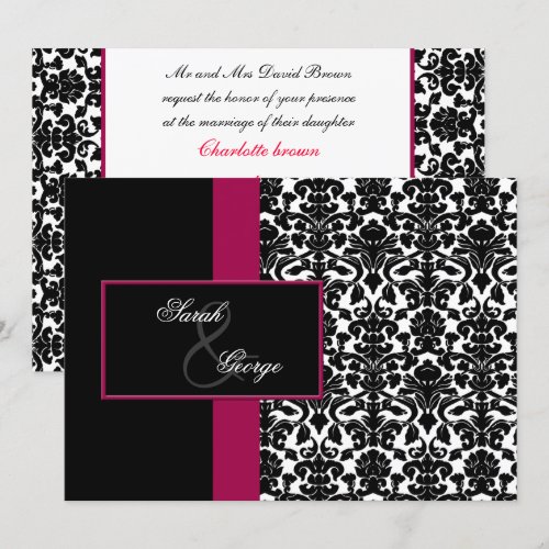 monogram damask pink wedding invitation