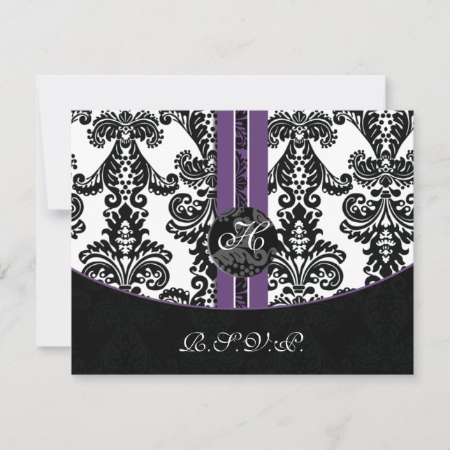monogram damask purple rsvp cards (Front)