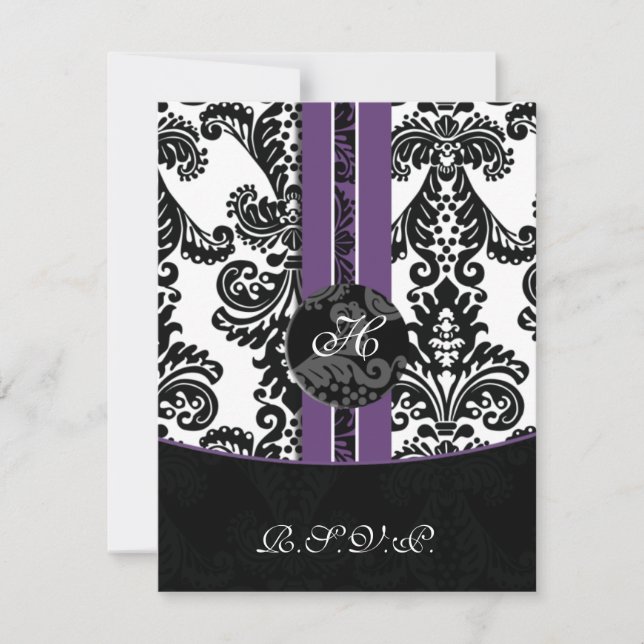 monogram damask purple rsvp cards (Front)