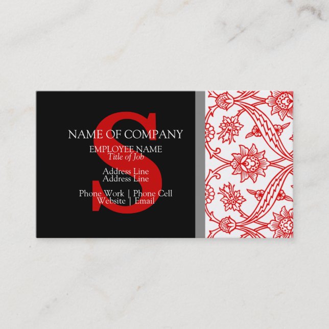Monogram Damask Red Black Gray Grey Stylish Modern Business Card (Front)