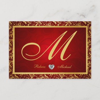 Monogram Damask Red / Gold Rsvp Cards by weddingsNthings at Zazzle