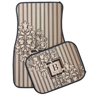Monogram Damask Stripes Girly Neutral Monochrome Car Floor Mat