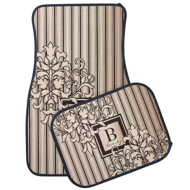 Monogram Damask Stripes Girly Neutral Monochrome Car Floor Mat (Set)