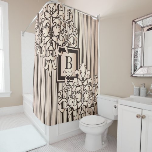 Monogram Damask Stripes Girly Neutral Monochrome Shower Curtain