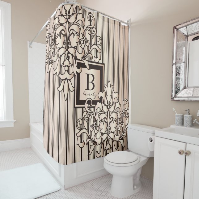 Monogram Damask Stripes Girly Neutral Monochrome Shower Curtain (In Situ)
