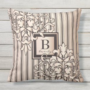 Monogram Damask Stripes Girly Neutral Monochrome Throw Pillow