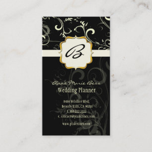 Monogram, damask + swirls business cards