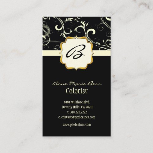 Monogram, damask + swirls  business cards