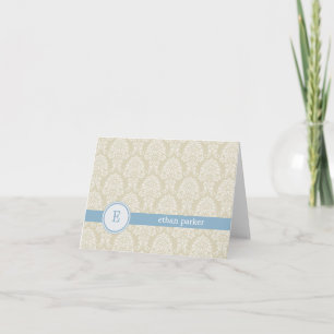 Monogram Damask Thank You Card - Blue