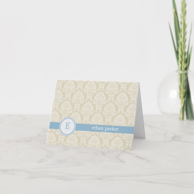 Monogram Damask Thank You Card - Blue (Front)