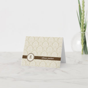 Monogram Damask Thank You Card - Brown