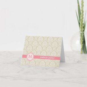 Monogram Damask Thank You Card - Pink