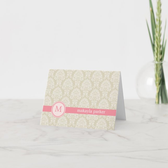 Monogram Damask Thank You Card - Pink (Front)