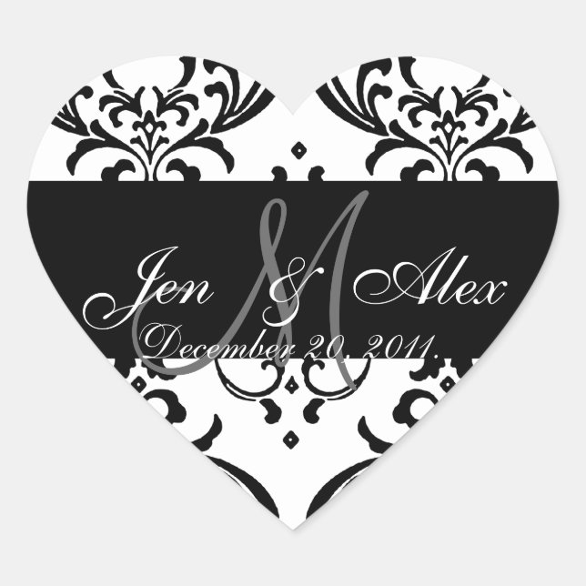Monogram Damask Wedding Favour Sticker Heart Shape (Front)