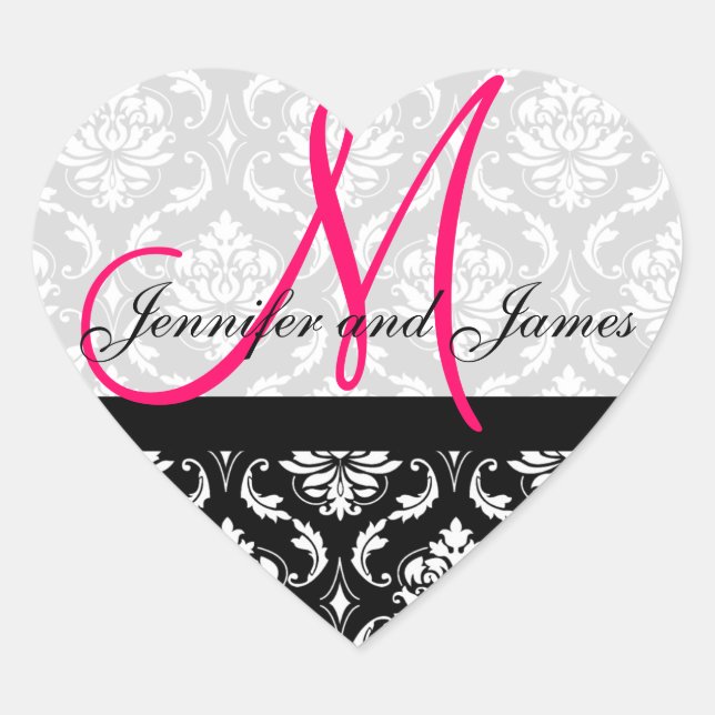 Monogram Damask Wedding Favour Stickers Pink (Front)