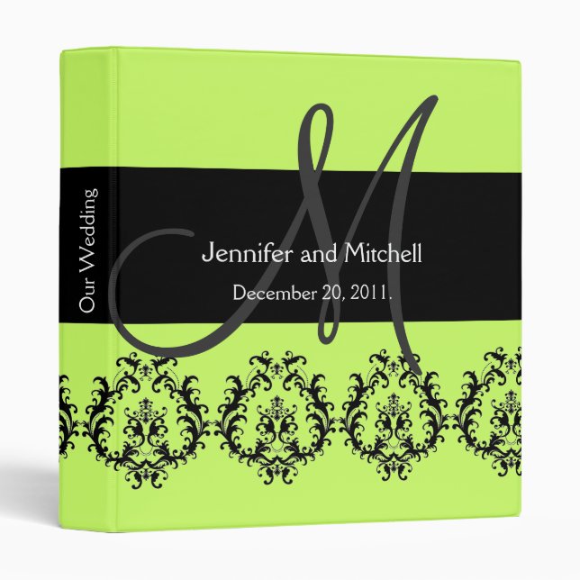 Monogram Damask Wedding Planner Bright Green 3 Ring Binder (Front/Spine)