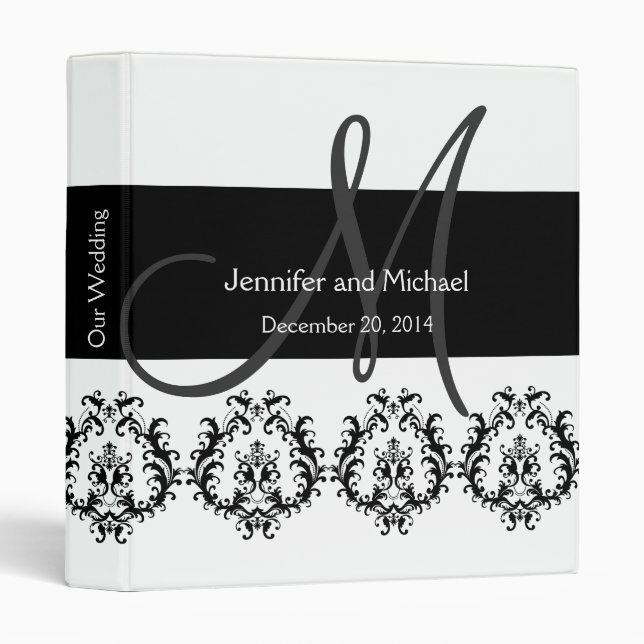 Monogram Damask Wedding Planners Black & White Binder (Front/Spine)