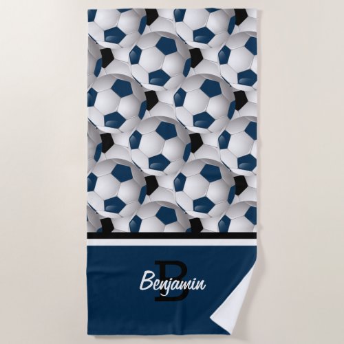 Monogram Dark Blue Black Soccer Ball Pattern Beach Towel