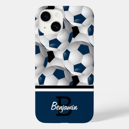 Monogram Dark Blue Black Soccer Ball Pattern Case_Mate iPhone 14 Case