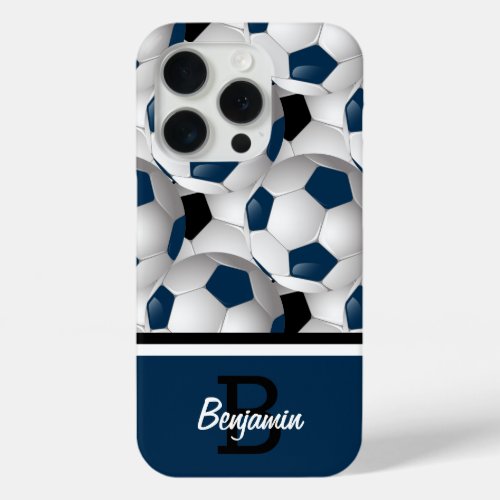 Monogram Dark Blue Black Soccer Ball Pattern iPhone 15 Pro Case